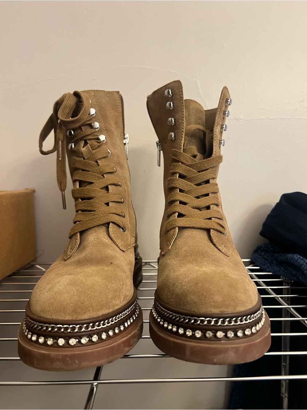 Vince Camuto Tan Suede Lace-Up Combat Boots with Chain & Rhinestone Trim